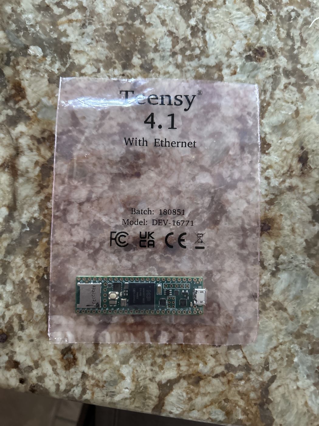A Teensy 4.1 with Ethernet, still in its anti-static bag