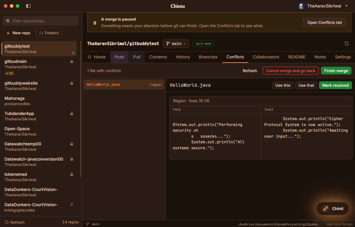 Chintu Conflicts view resolving a Java merge conflict