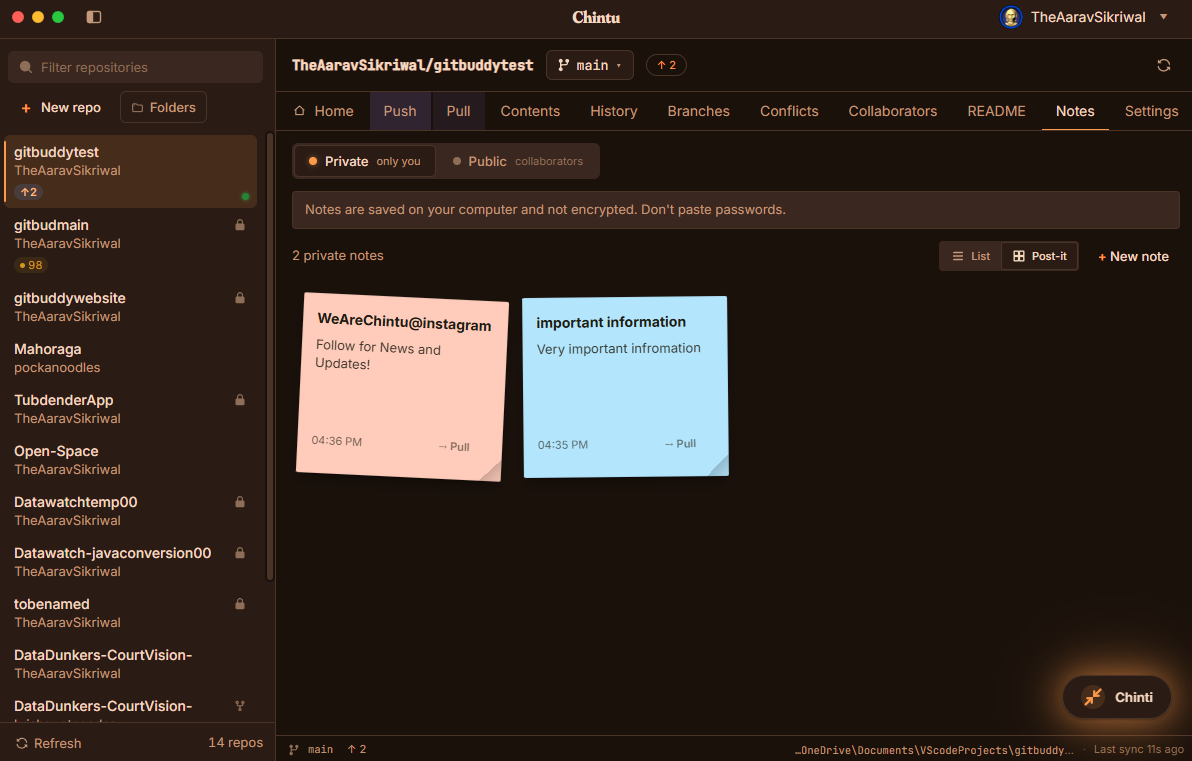 Chintu Notes view with sticky reminders