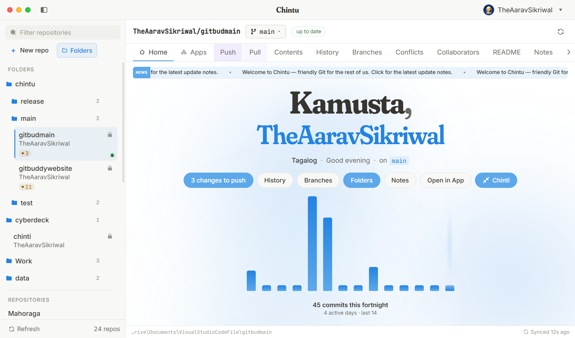 Chintu Home view with greeting and commit activity graph