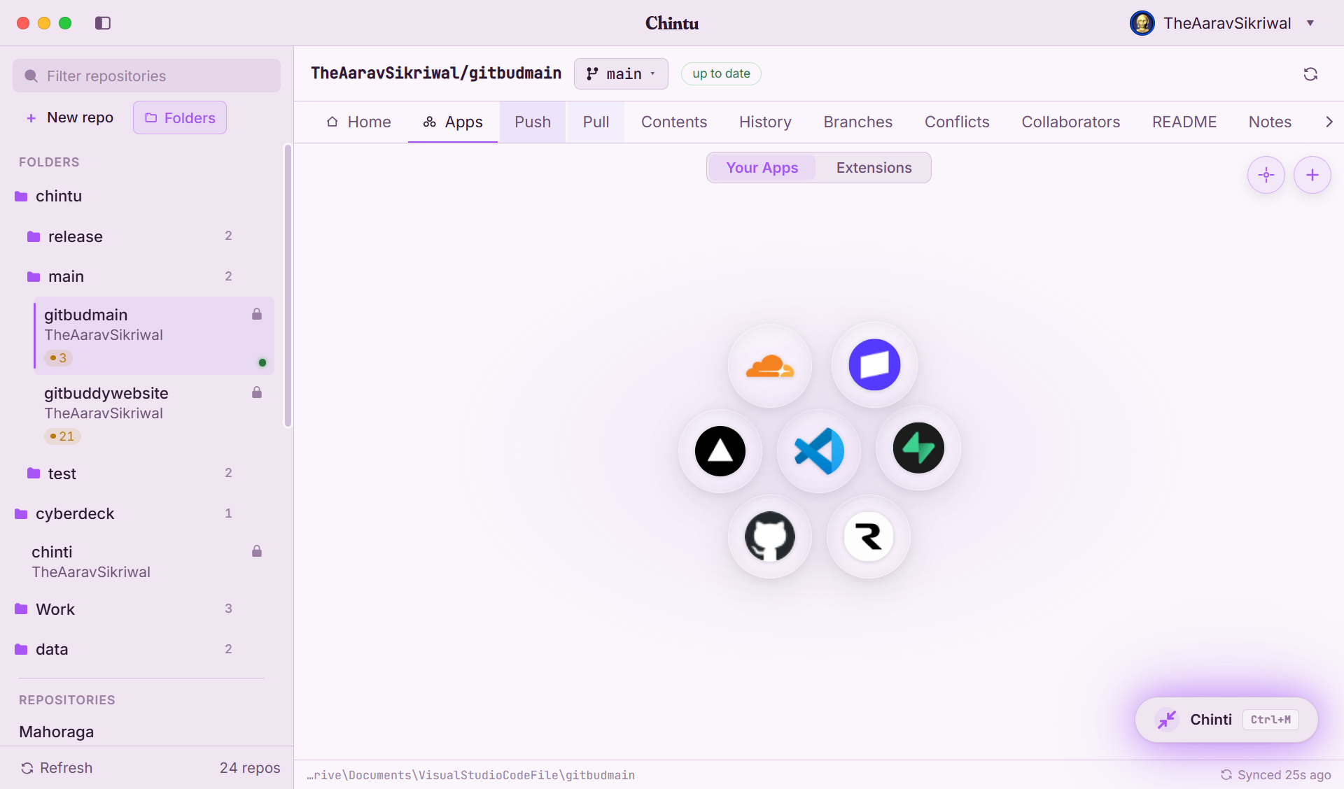 Chintu Apps view showing connected integrations