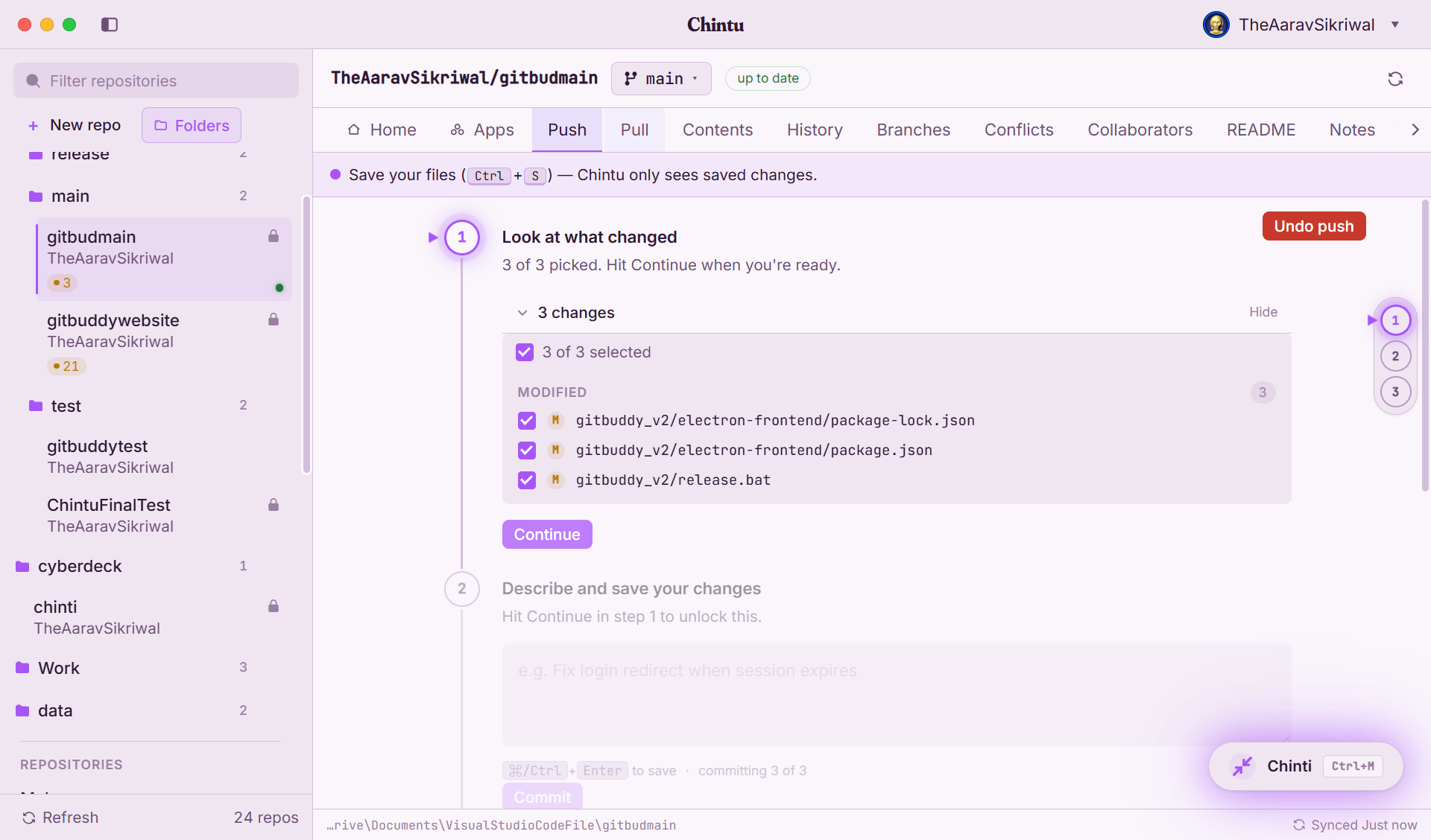 Chintu Push view showing changed files ready to commit