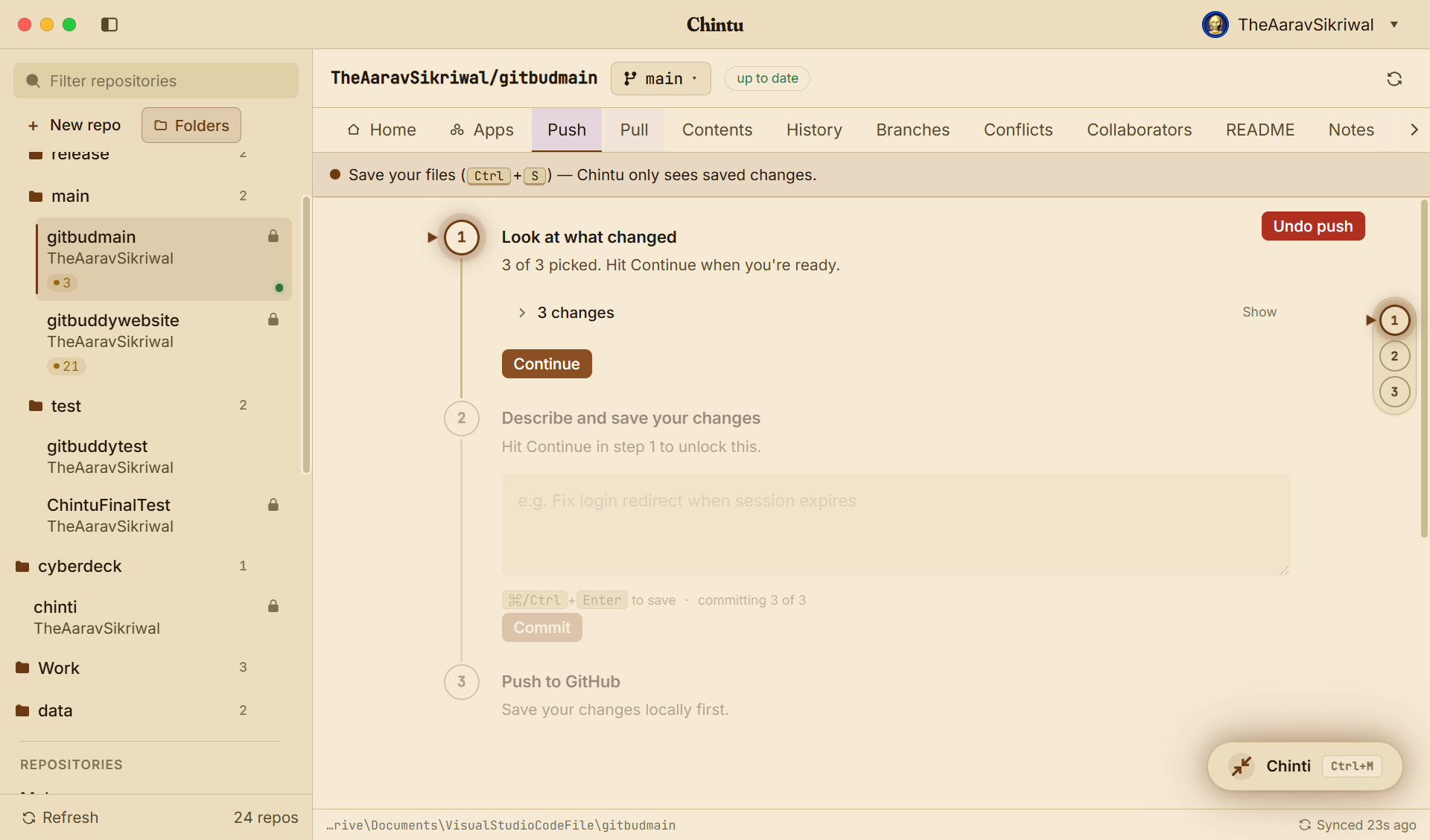 Chintu Push workflow with three guided steps