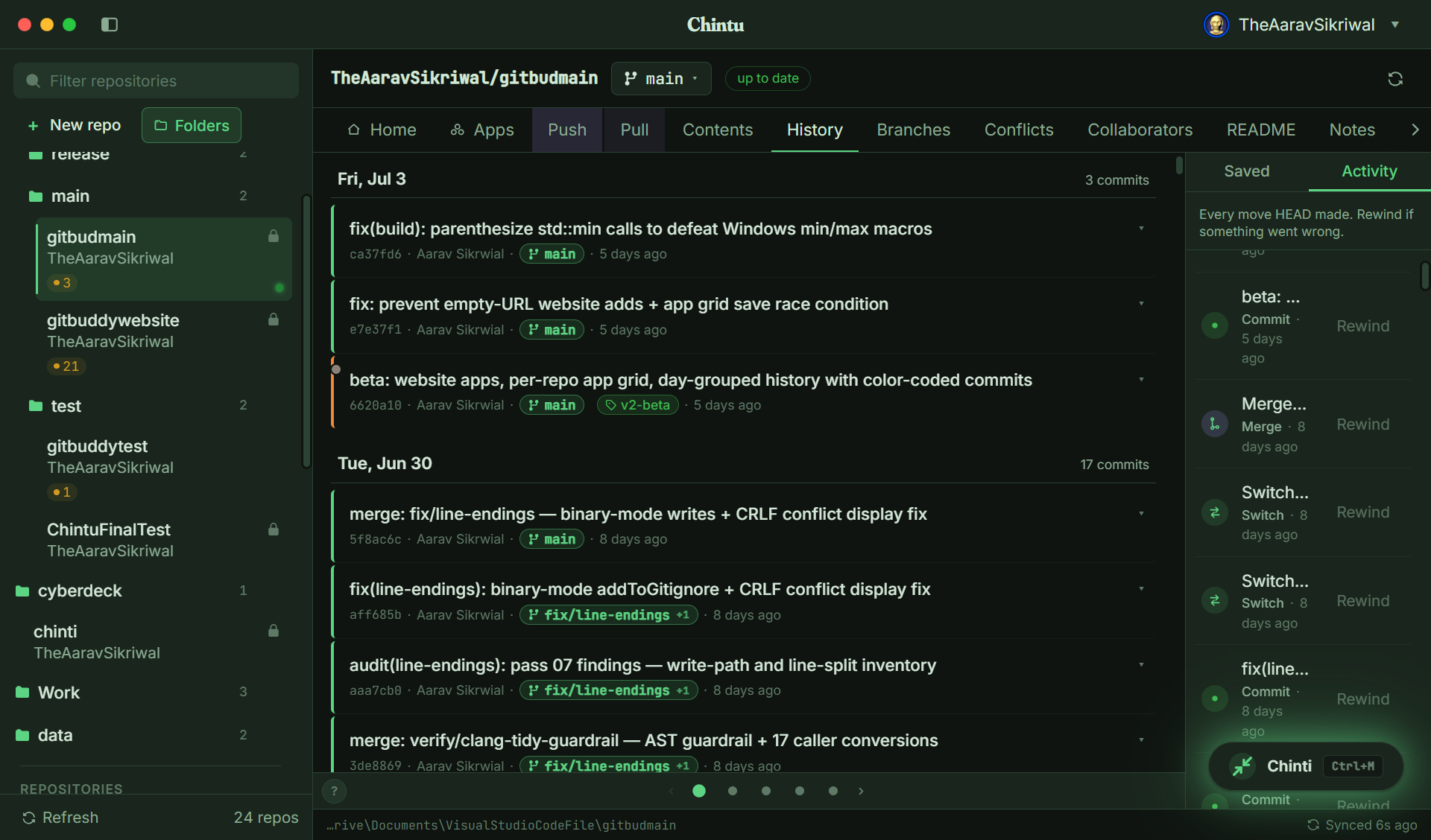 Chintu History view with day-grouped commits and activity timeline