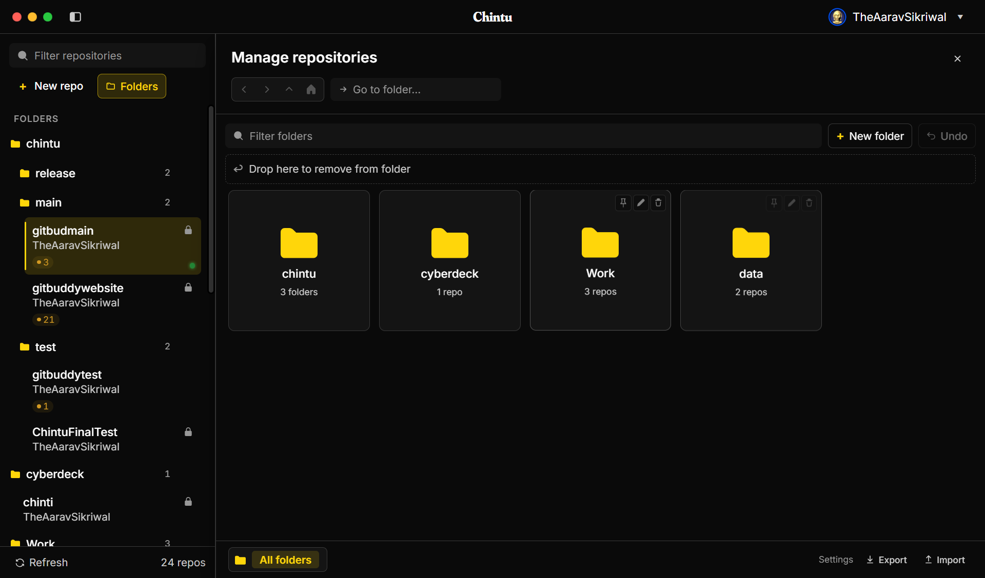 Chintu Manage repositories view with folder cards